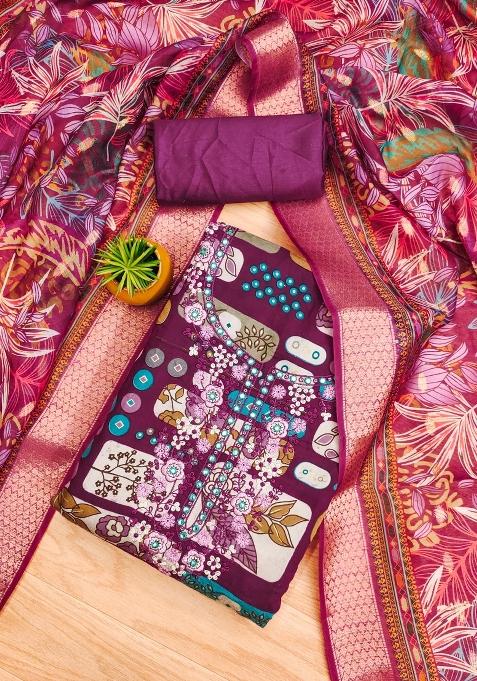 Purple Printed Blended Straight Kurta Set