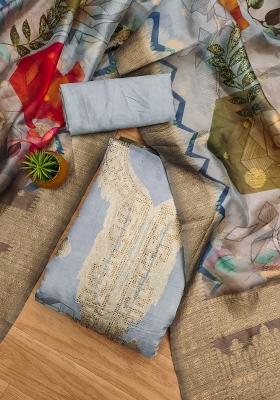 Grey Embroidered Oragnza Dress Material