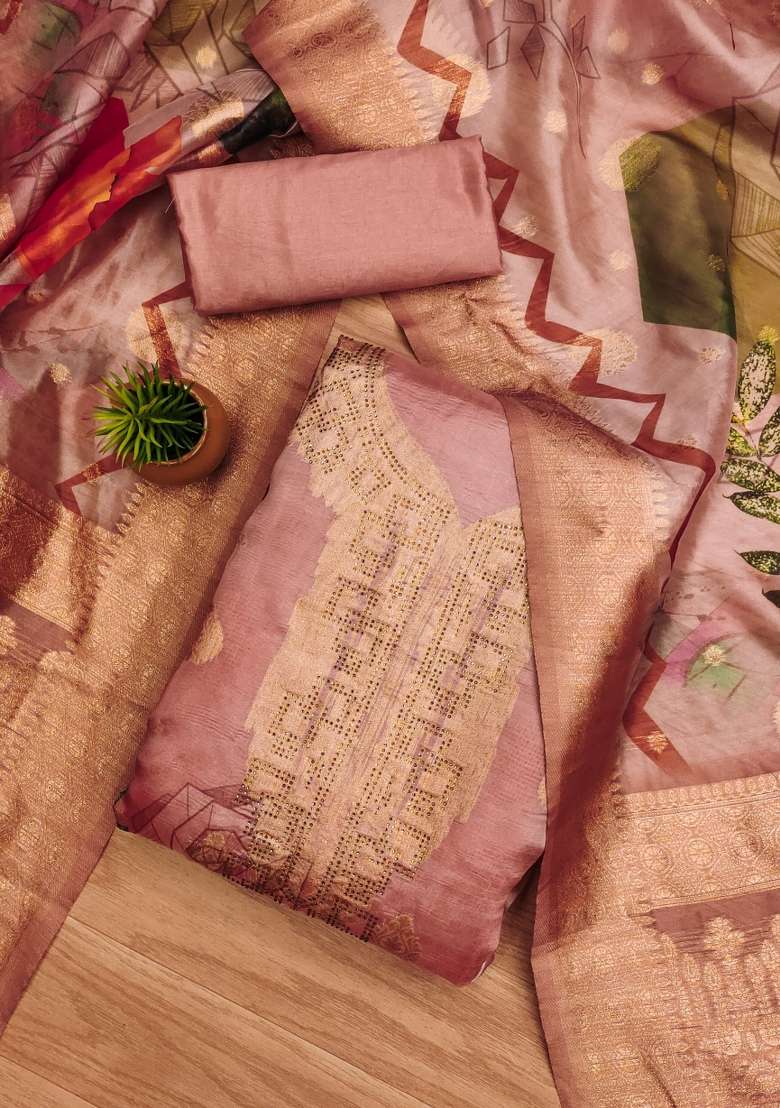 Peach Embroidered Oragnza Dress Material - Indya