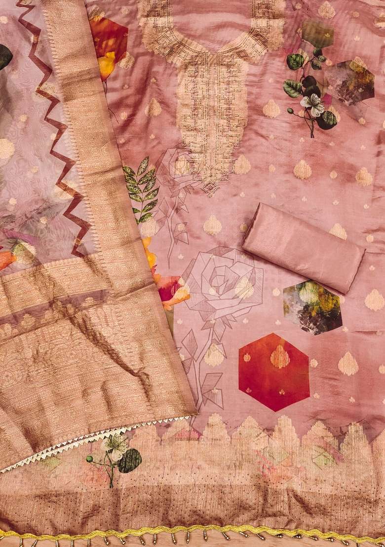 Peach Embroidered Oragnza Dress Material - Indya