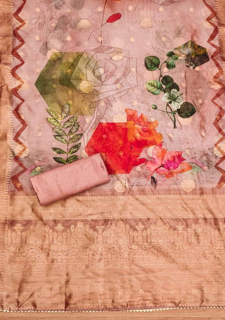 Peach Embroidered Oragnza Dress Material - Indya