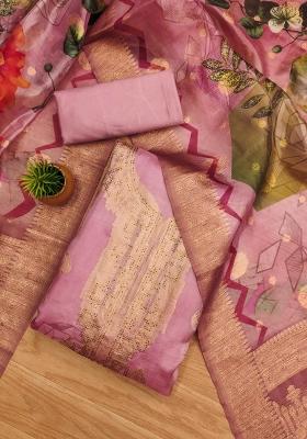 Pink Embroidered Oragnza Dress Material