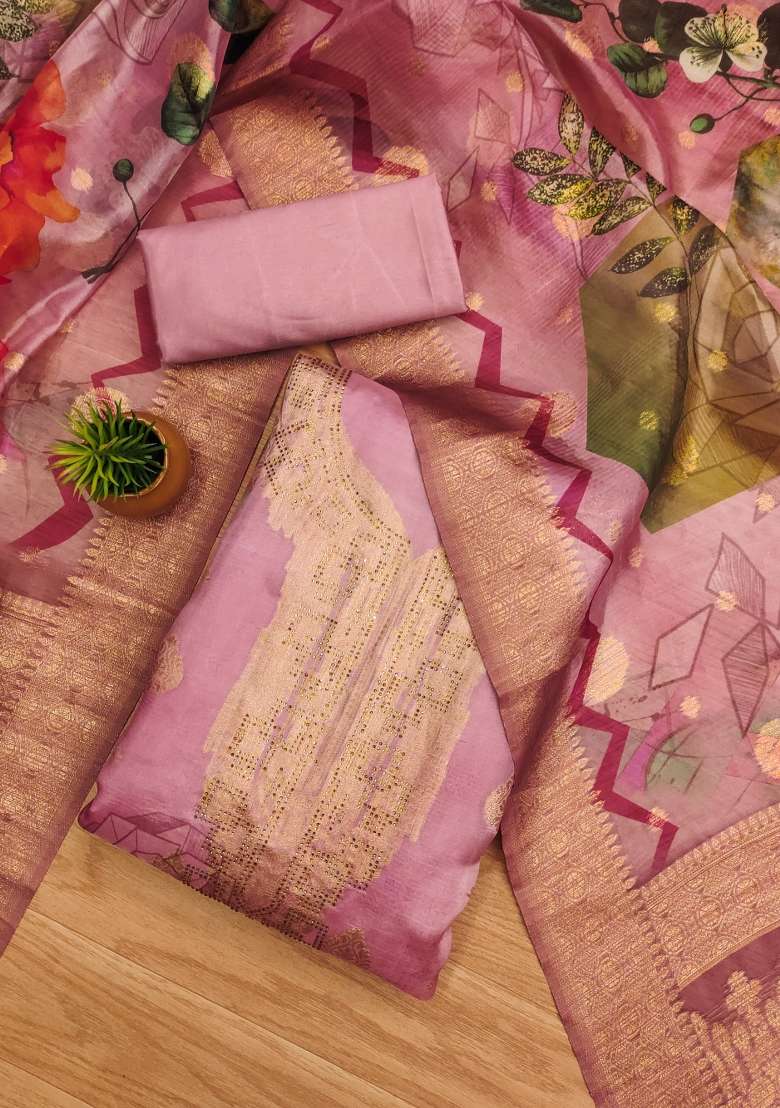 Pink Zari Work Organza Straight Kurta Set - Indya