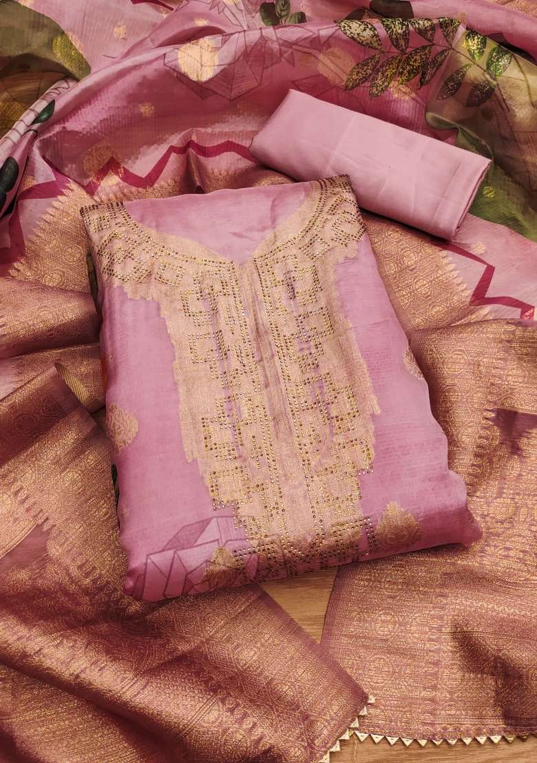 Pink Zari Work Organza Straight Kurta Set - Indya
