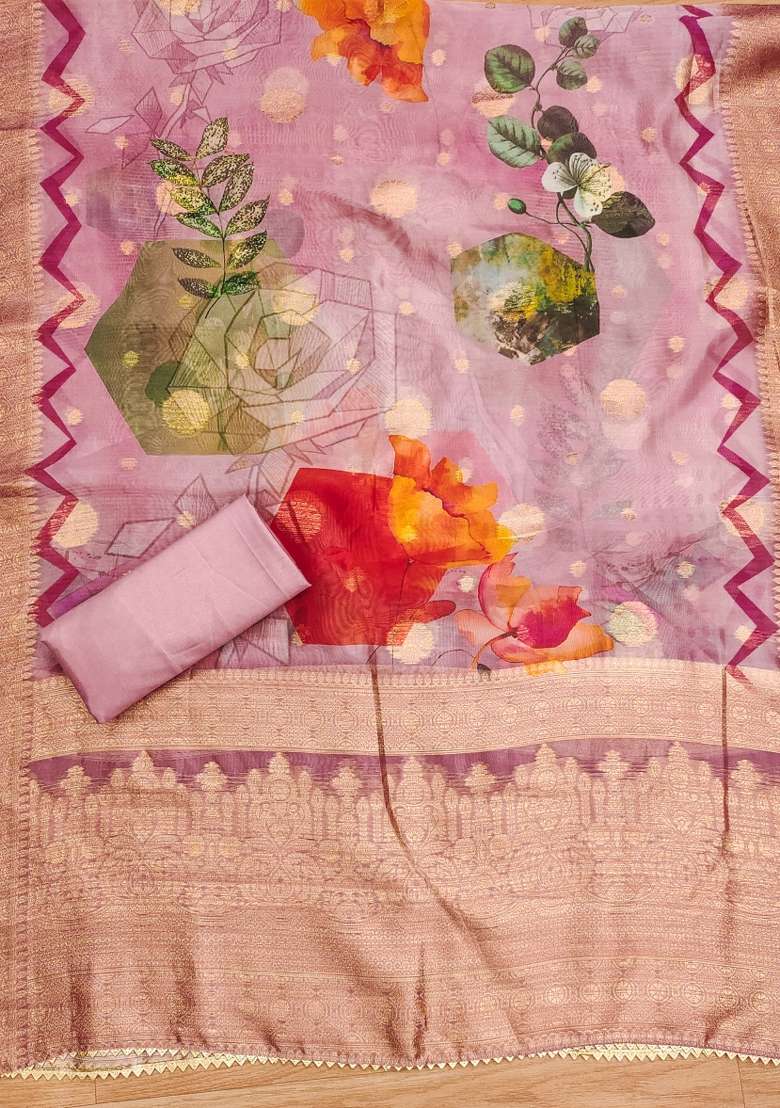 Pink Zari Work Organza Straight Kurta Set - Indya
