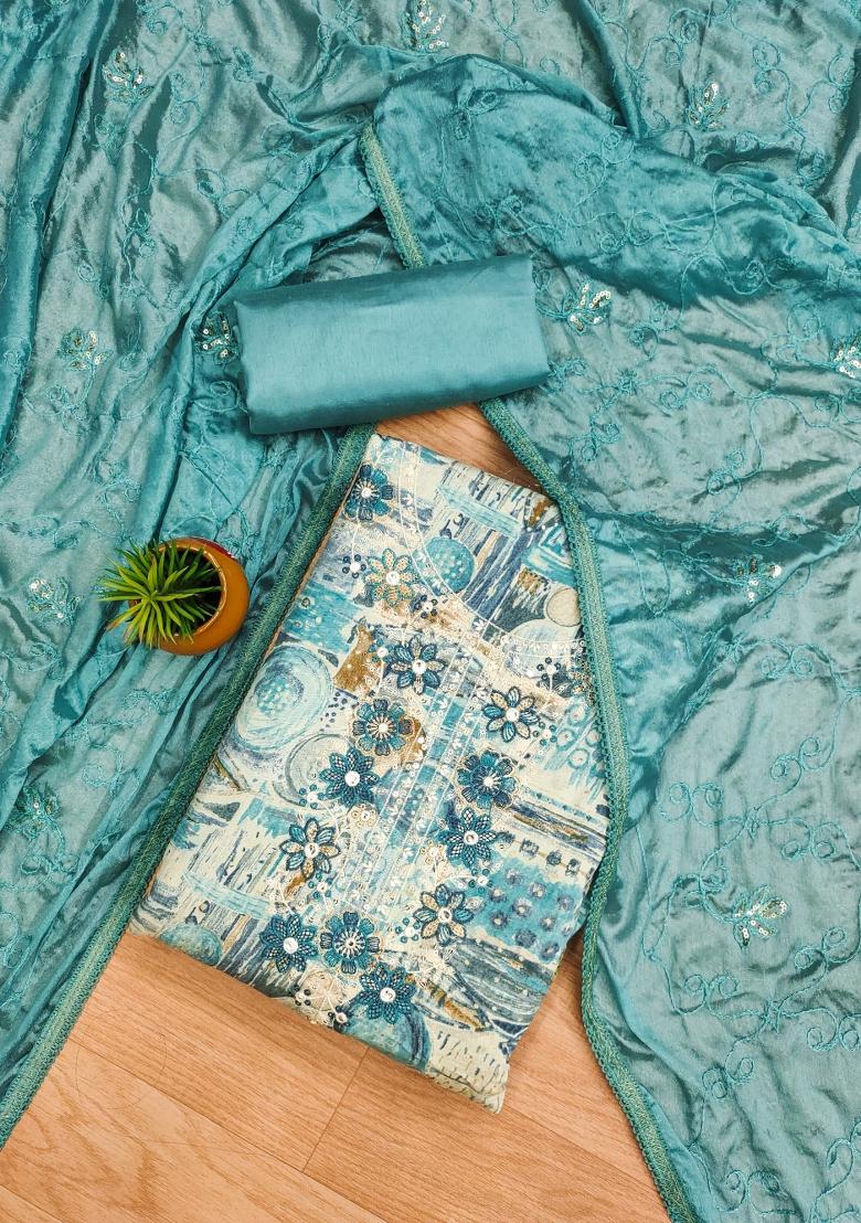 Multicolor Embroidered Cotton Blend Dress Material