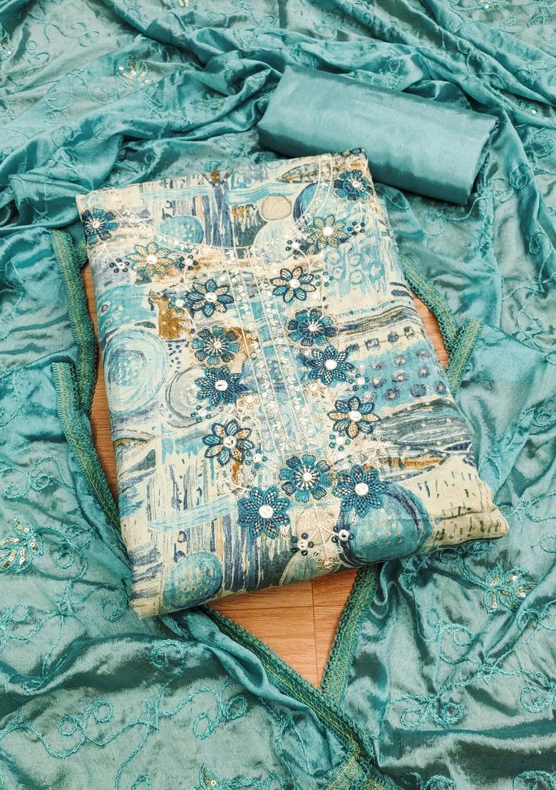 Multicolor Embroidered Cotton Blend Dress Material