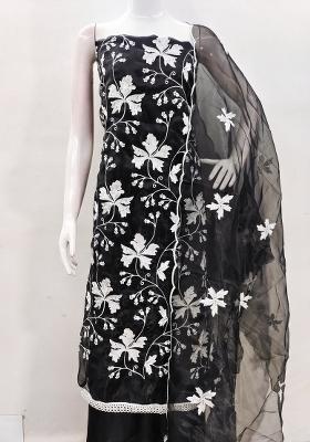 Black Embroidered Oragnza Dress Material