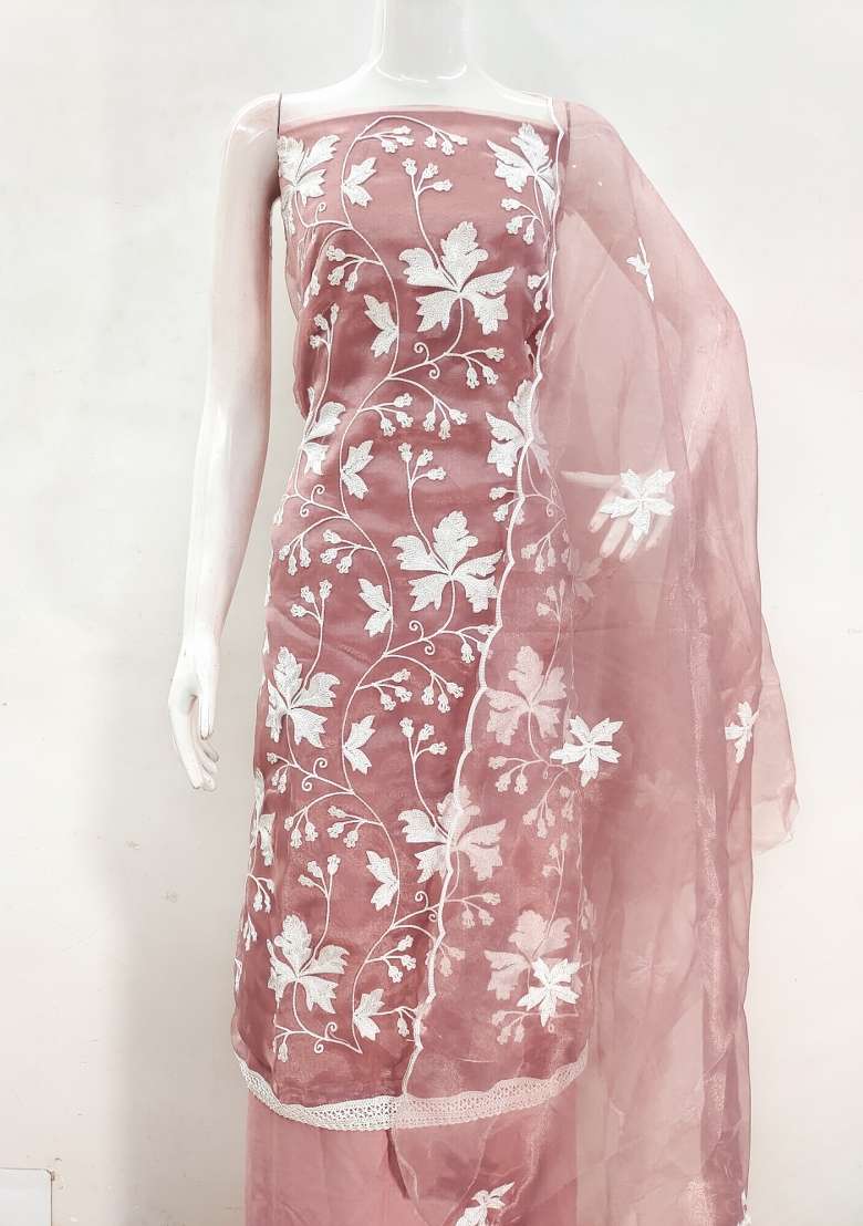 Baby Pink Embroidered Organza Straight Kurta Set - Indya