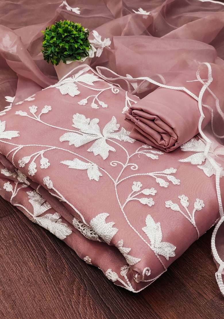 Baby Pink Embroidered Organza Straight Kurta Set - Indya