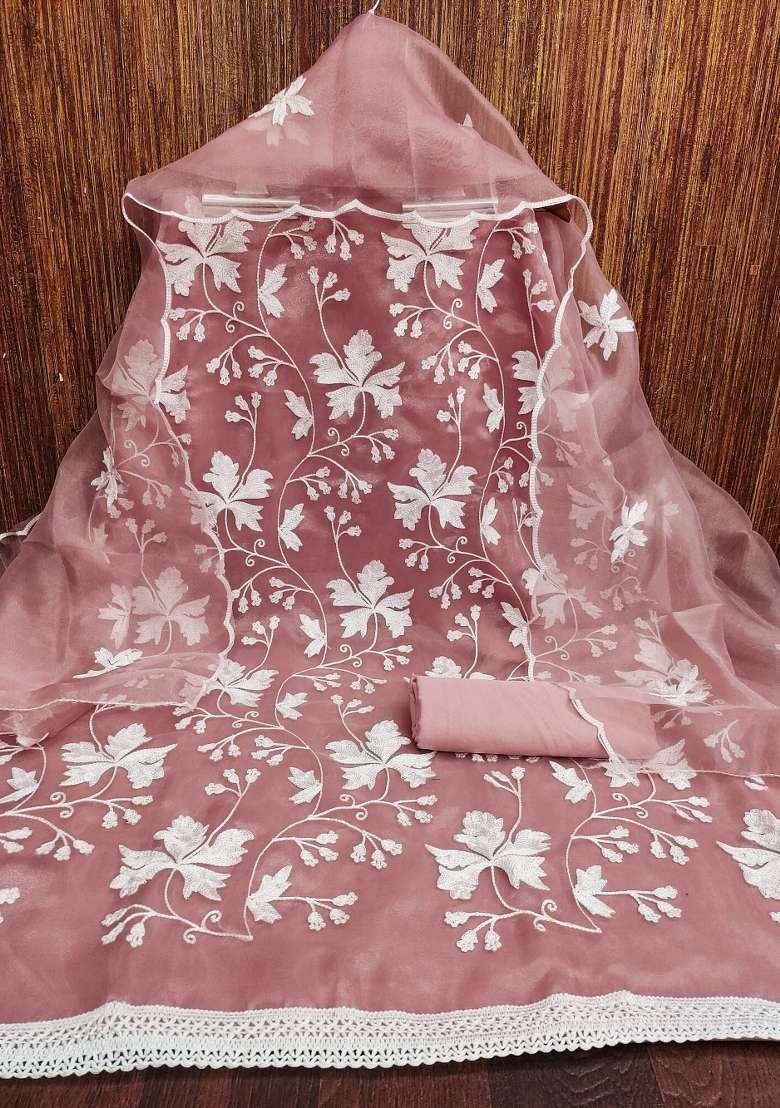 Baby Pink Embroidered Organza Straight Kurta Set - Indya