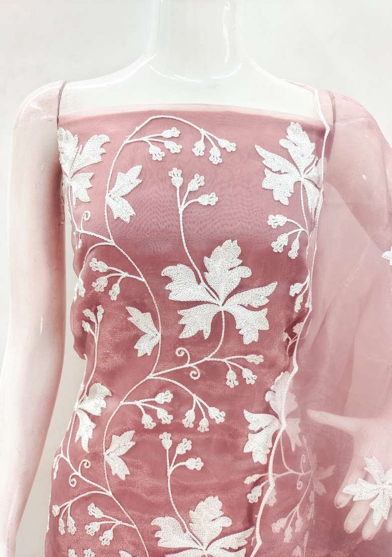 Baby Pink Embroidered Organza Straight Kurta Set - Indya