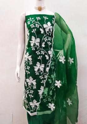 Green Embroidered Oragnza Dress Material