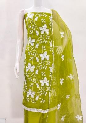 Light Green Embroidered Oragnza Dress Material