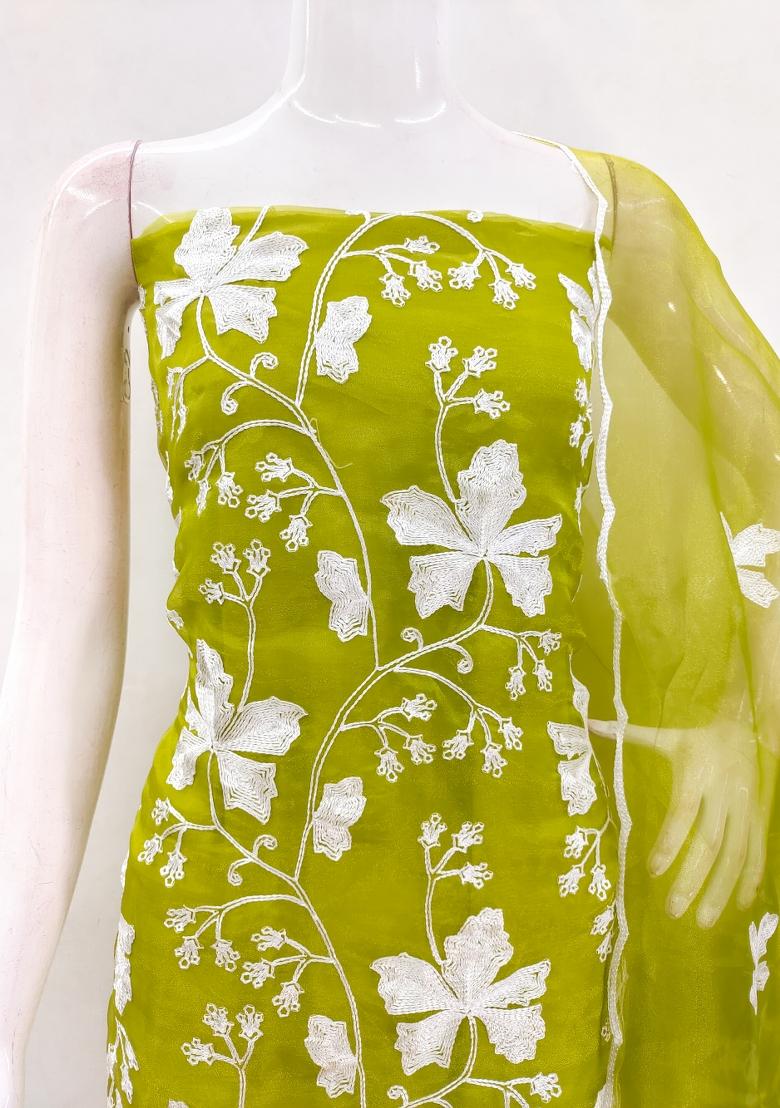 Light Green Embroidered Oragnza Dress Material - Indya