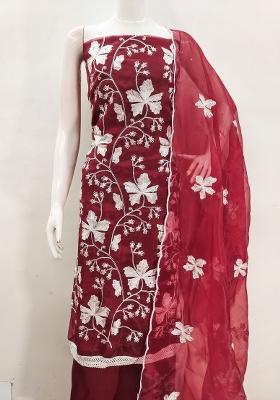 Maroon Embroidered Oragnza Dress Material