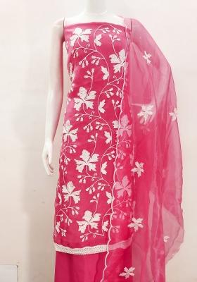 Pink Embroidered Oragnza Dress Material