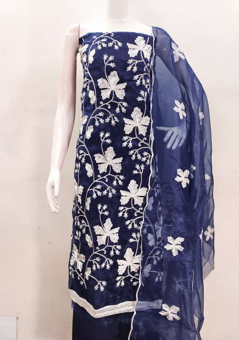 Royal Blue Embroidered Organza Straight Kurta Set - Indya
