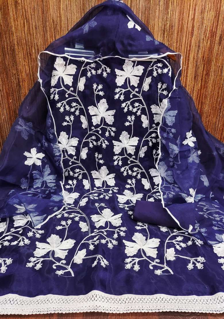 Royal Blue Embroidered Organza Straight Kurta Set - Indya