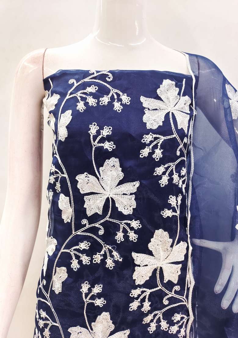 Royal Blue Embroidered Organza Straight Kurta Set - Indya