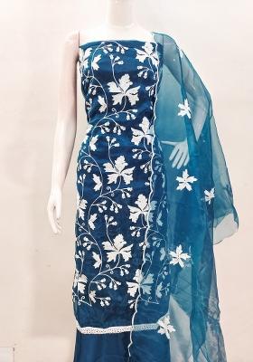 Teal Blue Embroidered Oragnza Dress Material