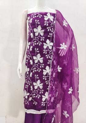 Voilet Embroidered Oragnza Dress Material