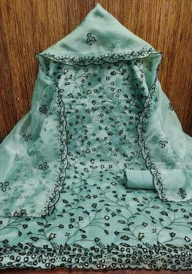 Sea Green Embroidered Oragnza Dress Material