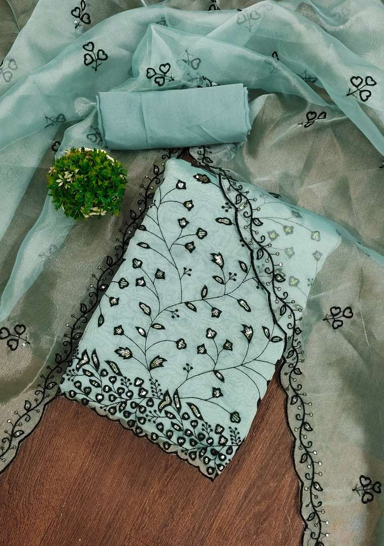 Sea Green Embroidered Organza Pakistani Suit Set - Indya