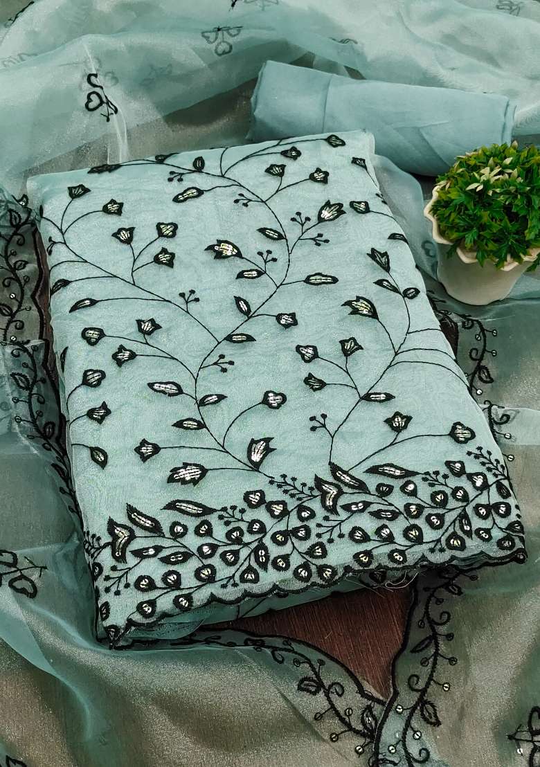 Sea Green Embroidered Organza Pakistani Suit Set - Indya