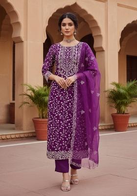 Voilet Embroidered Oragnza Dress Material