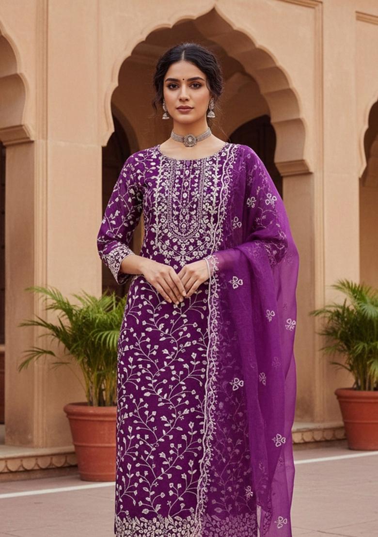 Voilet Embroidered Oragnza Dress Material - Indya