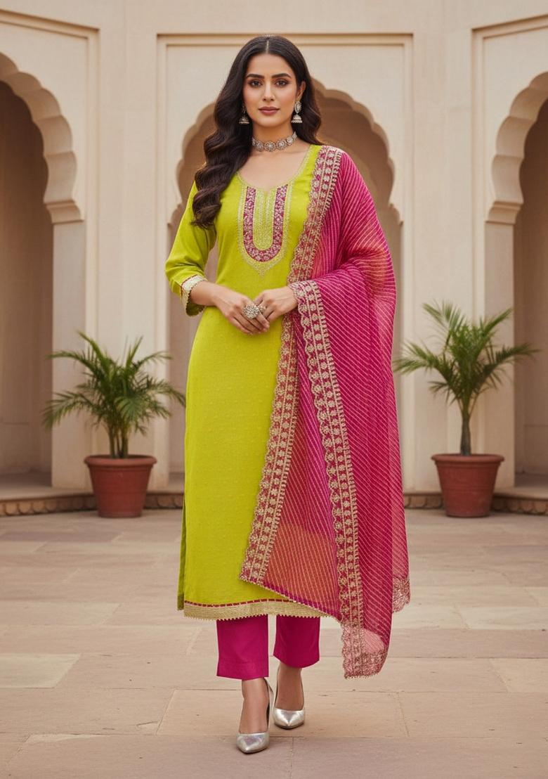 Green Embroidered Silk Dress Material - Indya