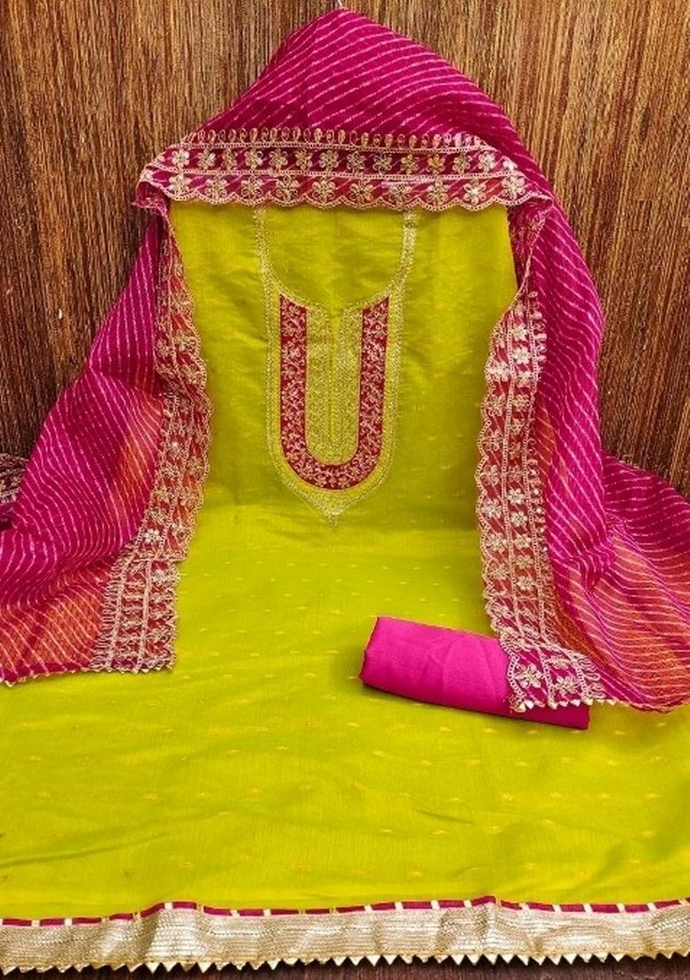 Green Embroidered Silk Dress Material - Indya