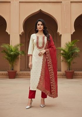 White Embroidered Silk Dress Material