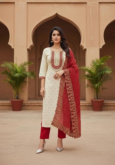 White Embroidered Silk Dress Material