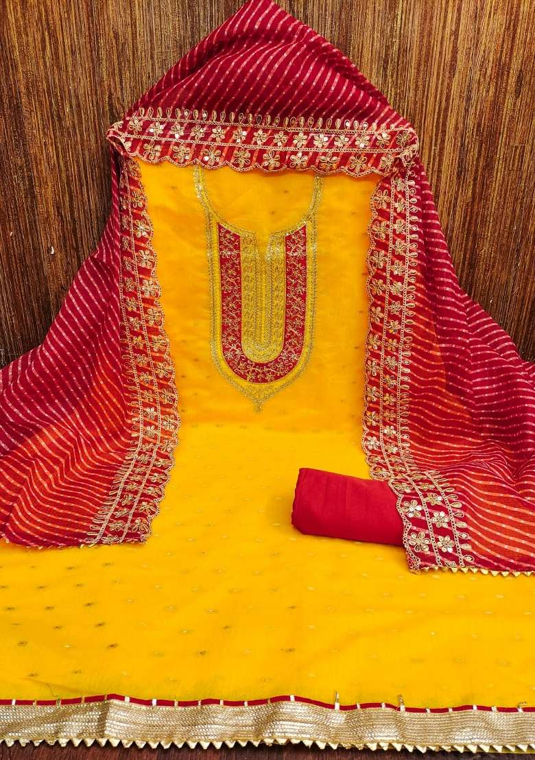 Yellow Embroidered Silk Dress Material - Indya