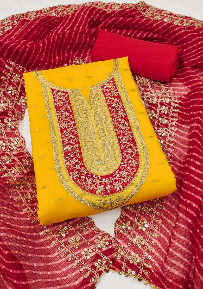 Yellow Embroidered Silk Dress Material - Indya