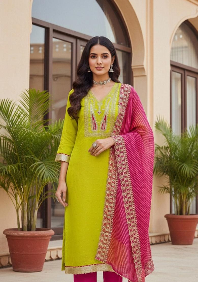 Green Embroidered Silk Dress Material - Indya