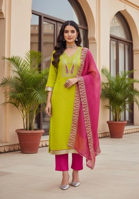 Green Embroidered Silk Dress Material
