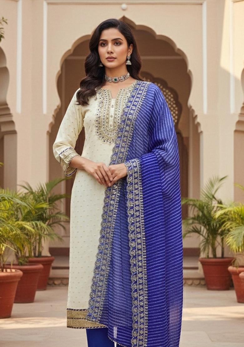 White Embroidered Silk Dress Material - Indya