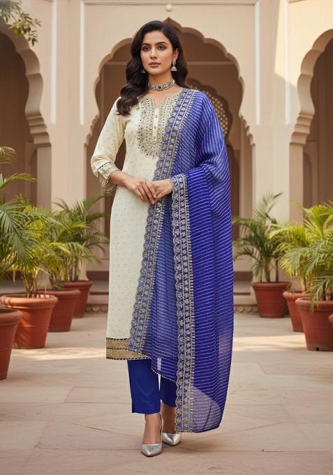 White Embroidered Silk Dress Material