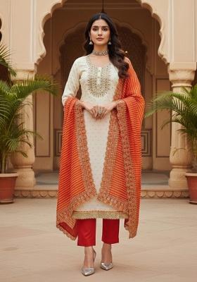 White Embroidered Silk Dress Material