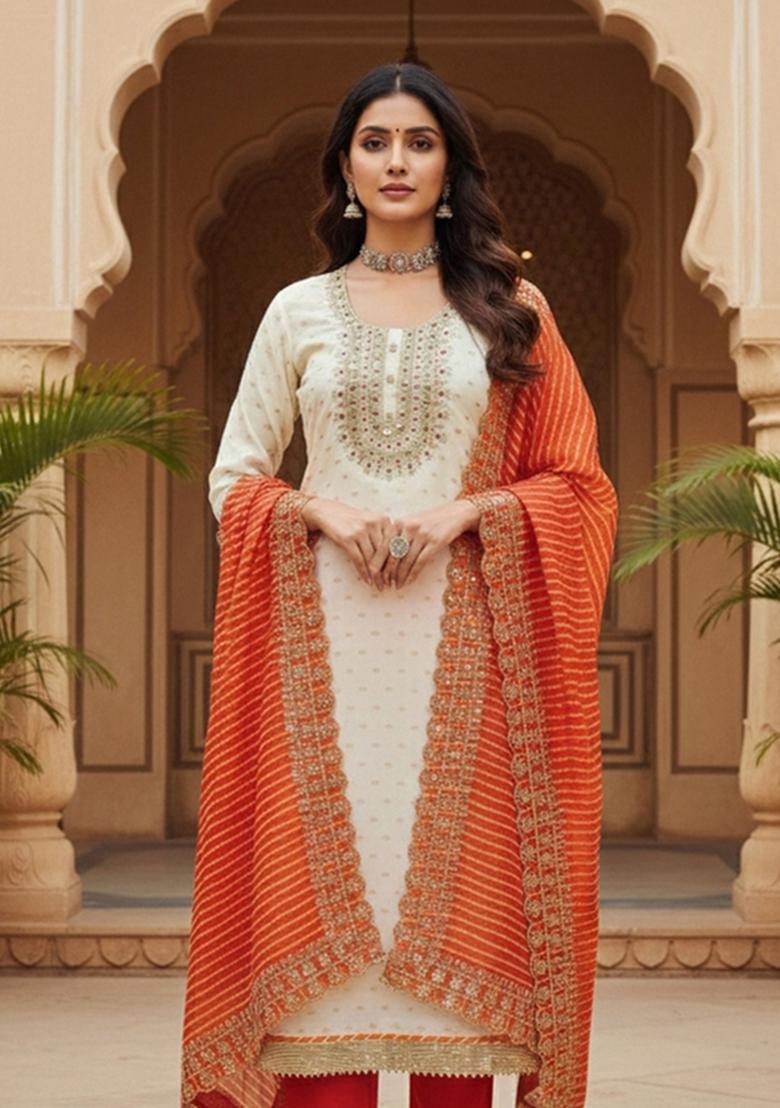 White Embroidered Silk Dress Material - Indya