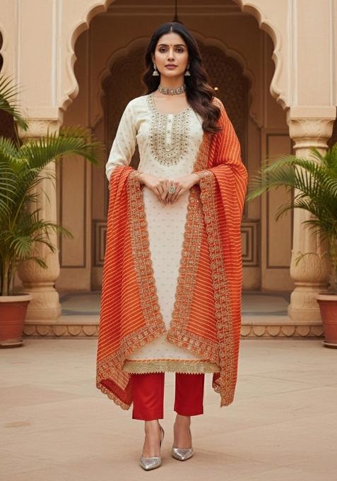 White Embroidered Silk Dress Material