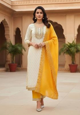 White Embroidered Silk Dress Material