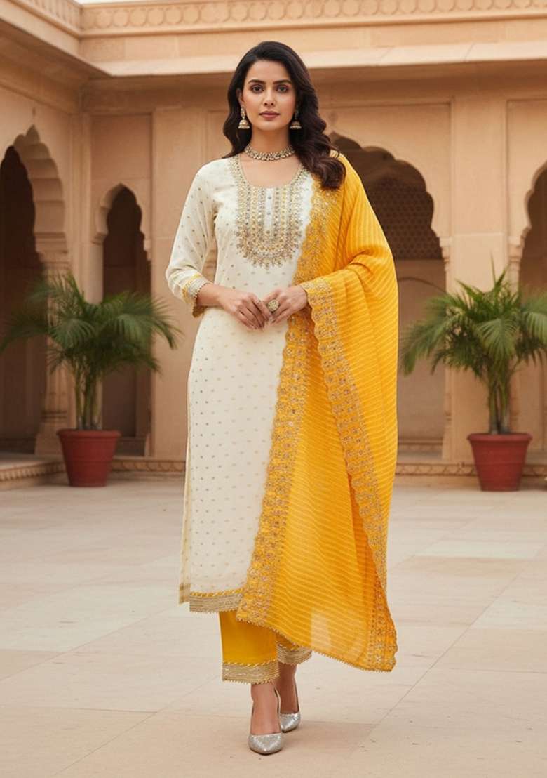 White Embroidered Silk Dress Material - Indya