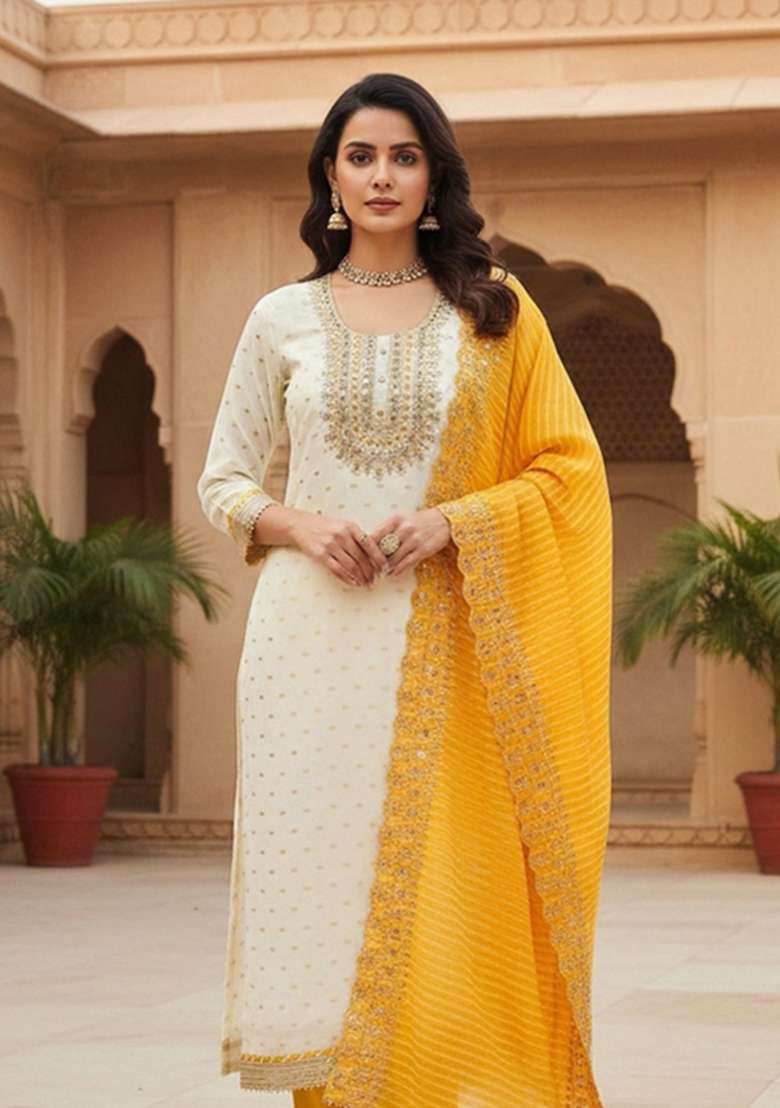 White Embroidered Silk Dress Material - Indya