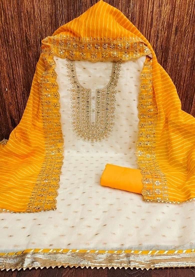 White Embroidered Silk Dress Material - Indya