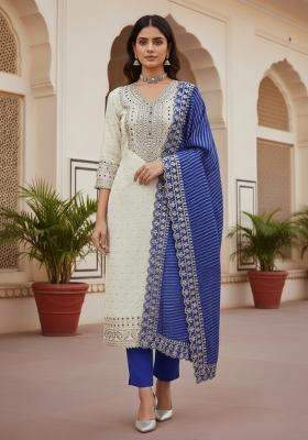 White Embroidered Silk Dress Material