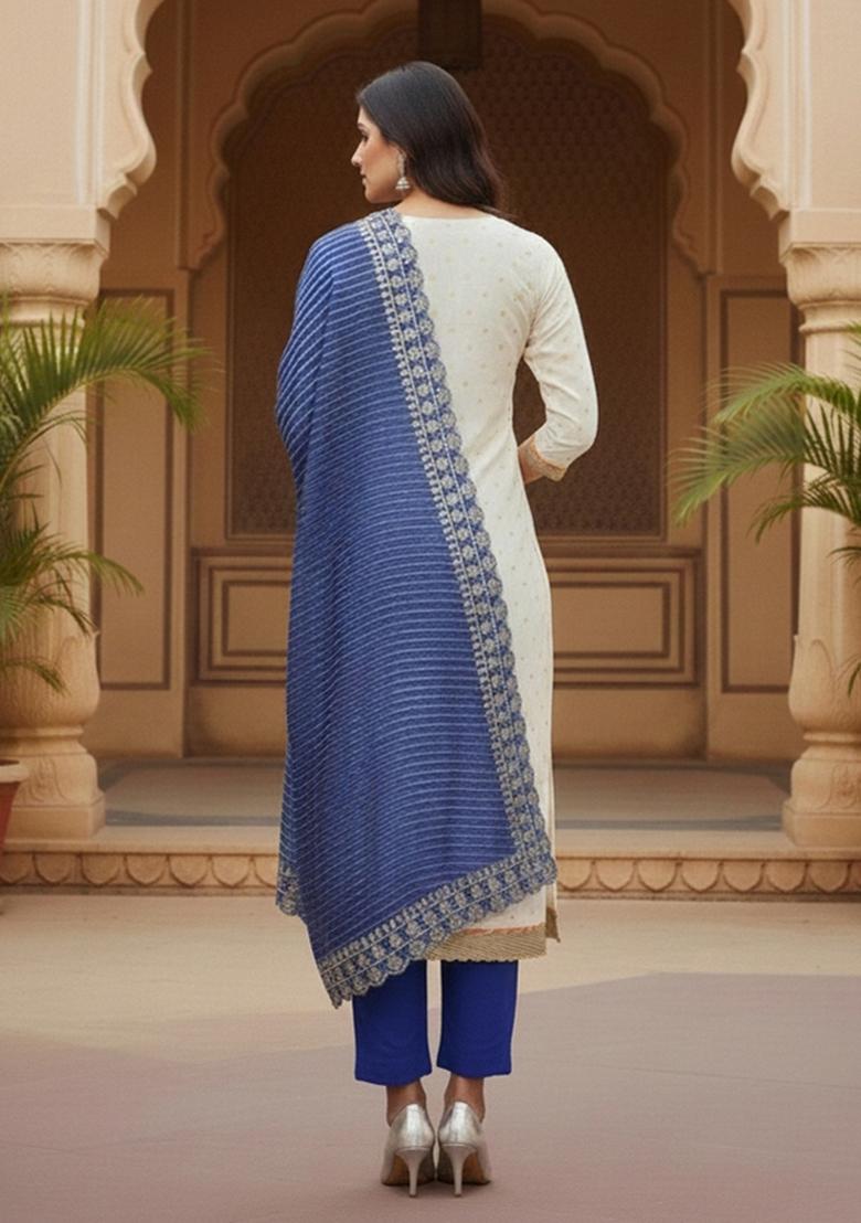 White Embroidered Silk Dress Material - Indya